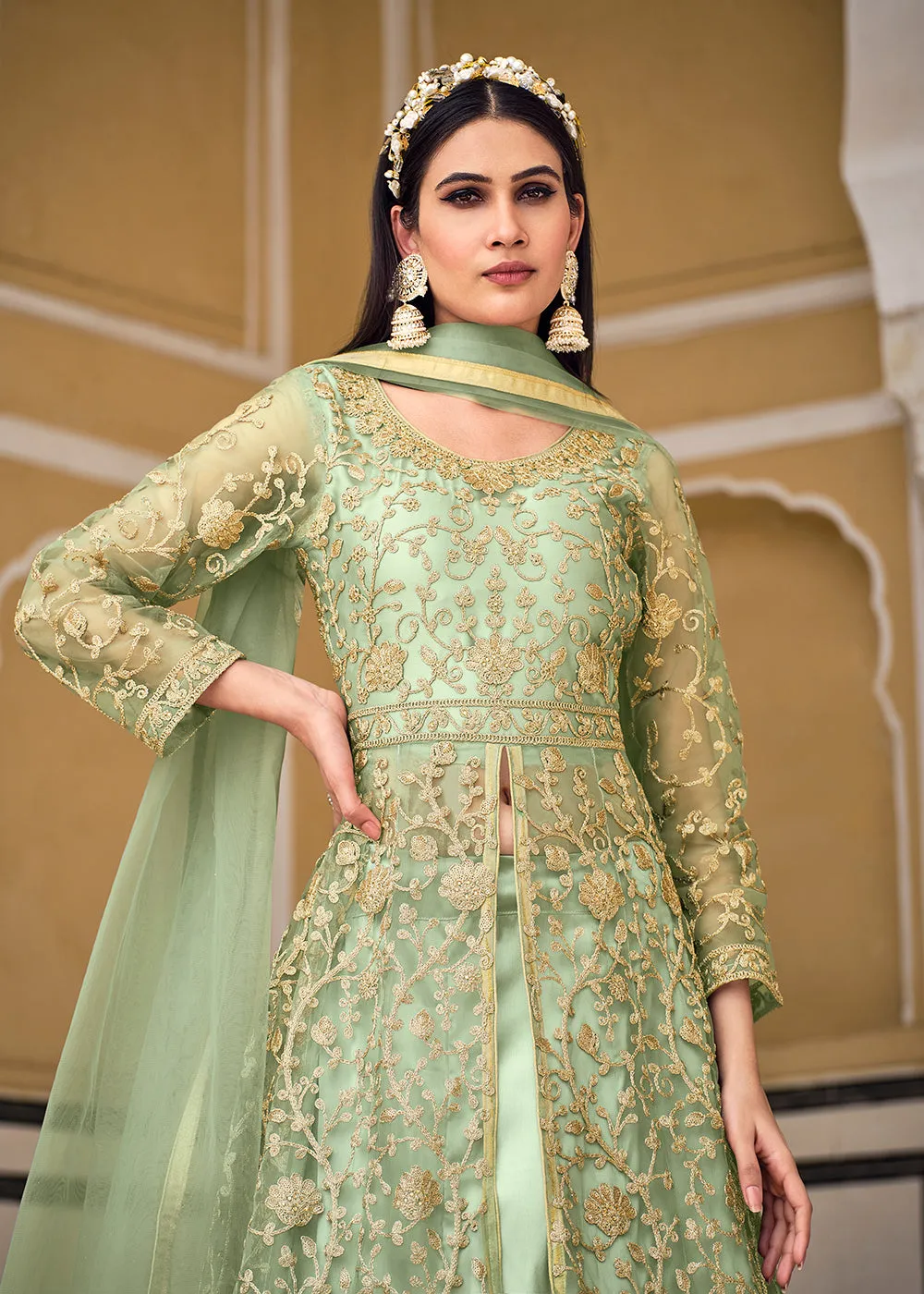 Sea Green Skirt & Pant Style Designer Anarkali Suit