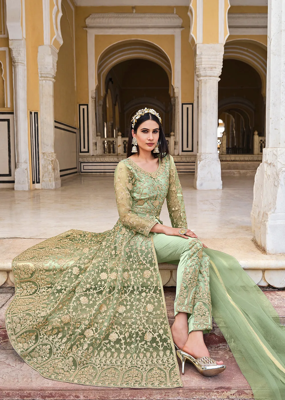 Sea Green Skirt & Pant Style Designer Anarkali Suit