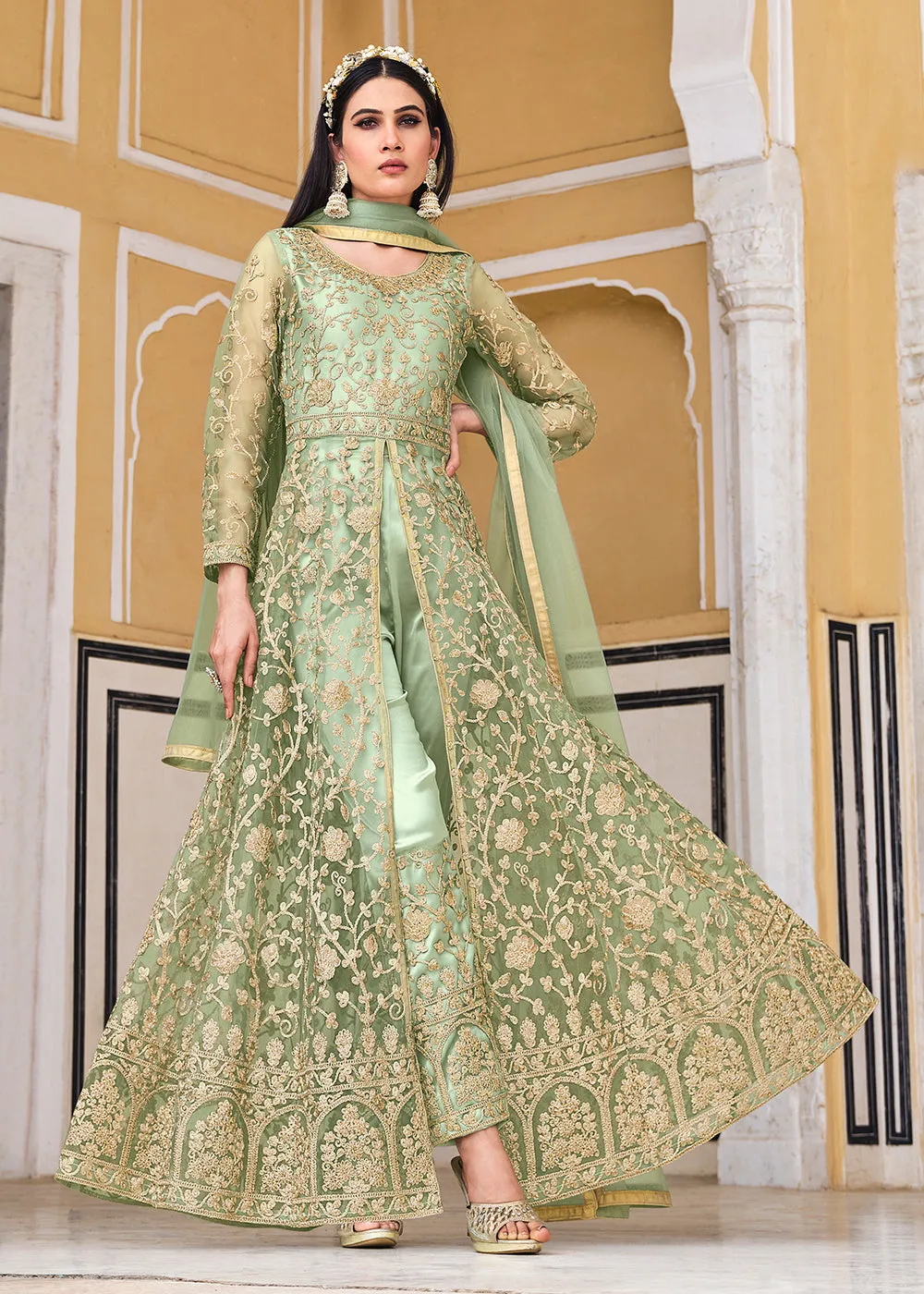 Sea Green Skirt & Pant Style Designer Anarkali Suit