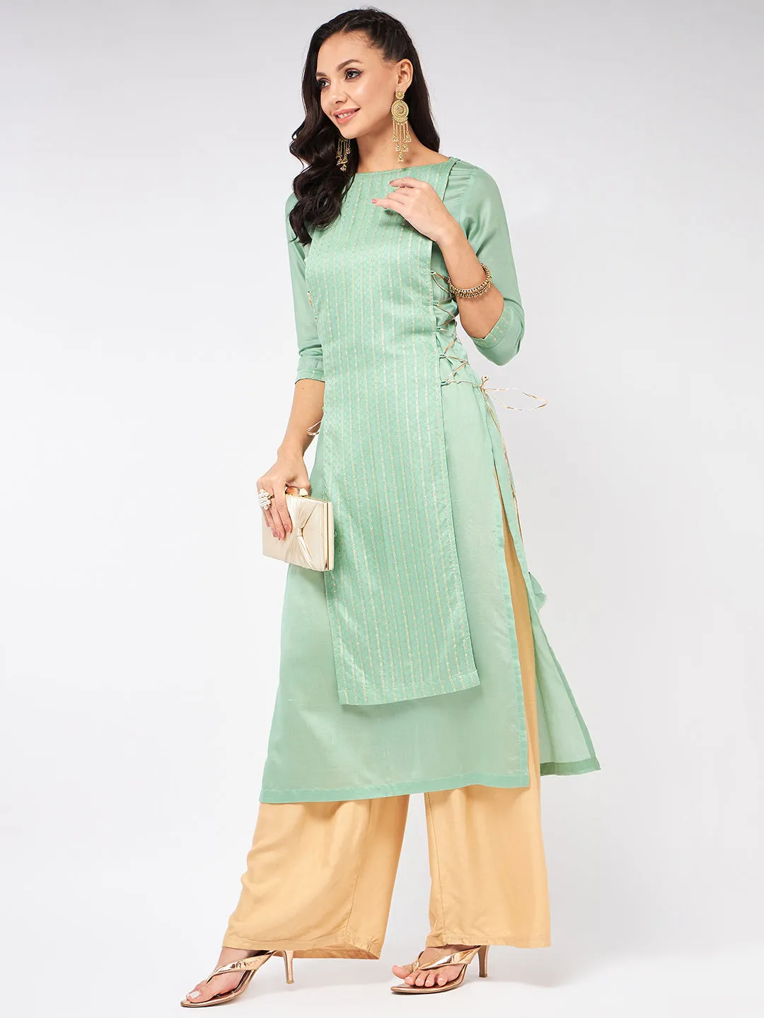 Self Design Festive Kurta With Side Dori Details