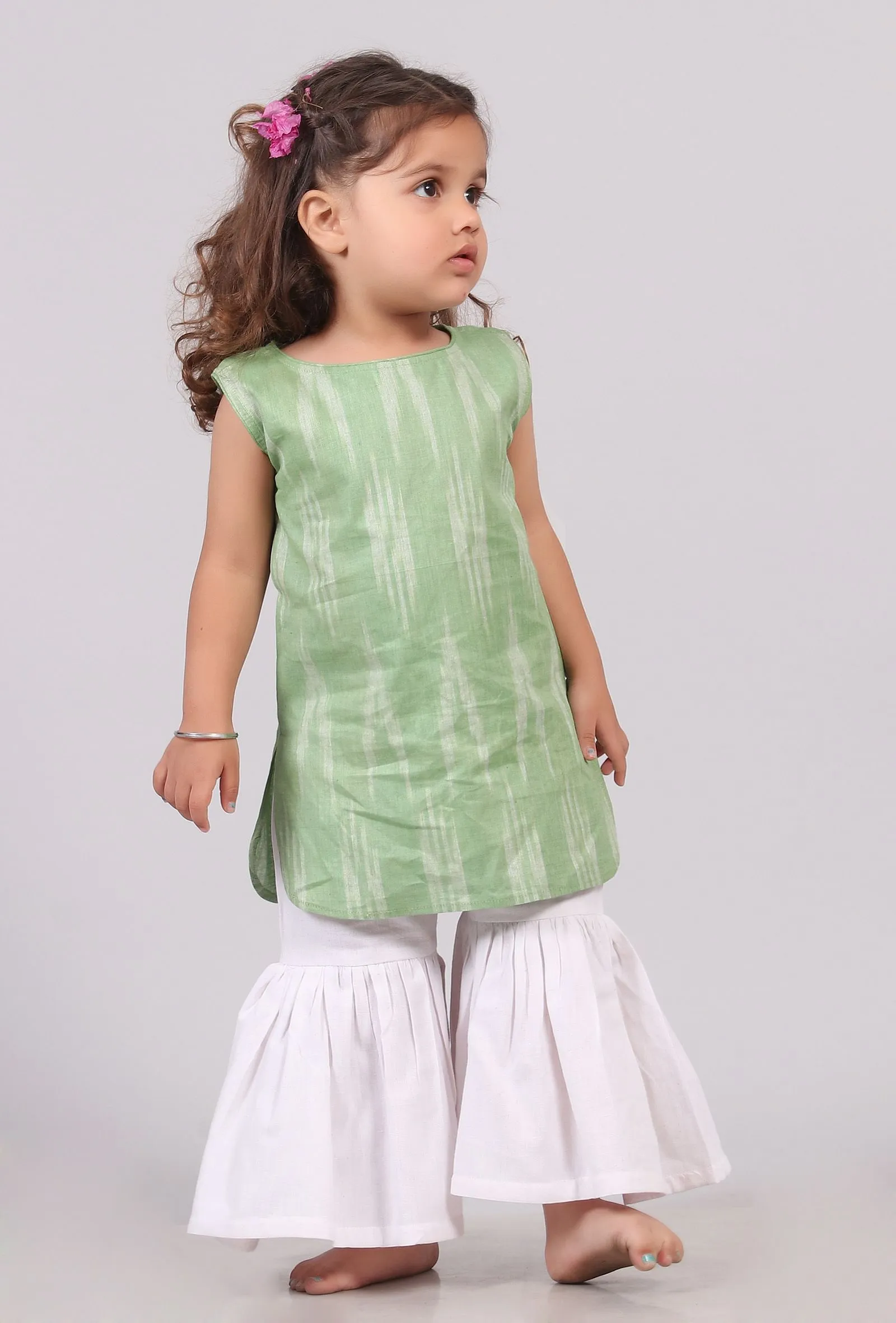 Set of 2: Green Ikat Straight Kurta with Sharara pants