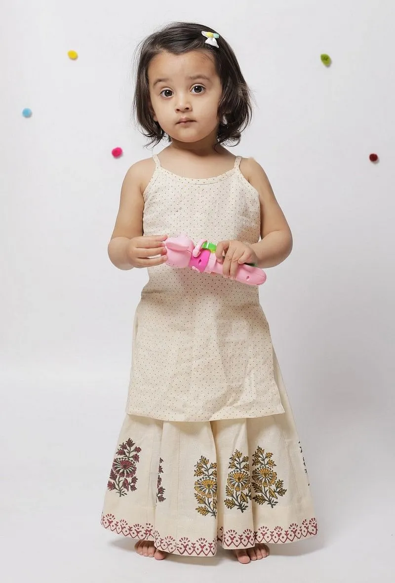 Set of 2 : Kiara Off White Polka Dot Handblock Cotton Strap Slip and Floral Handblock Kalidar Cotton Elastic Skirt