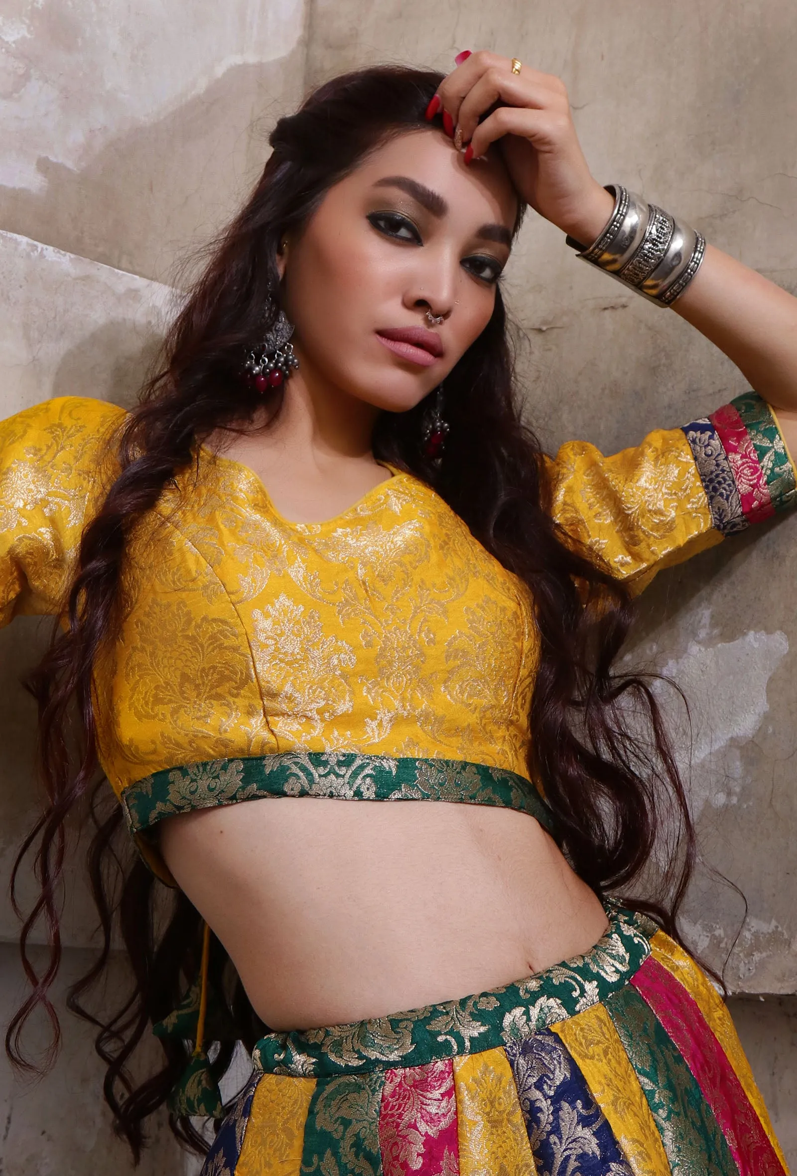 Set Of 2: Multicolor Banarasi Jacquard Crop Top & Kalidar Skirt