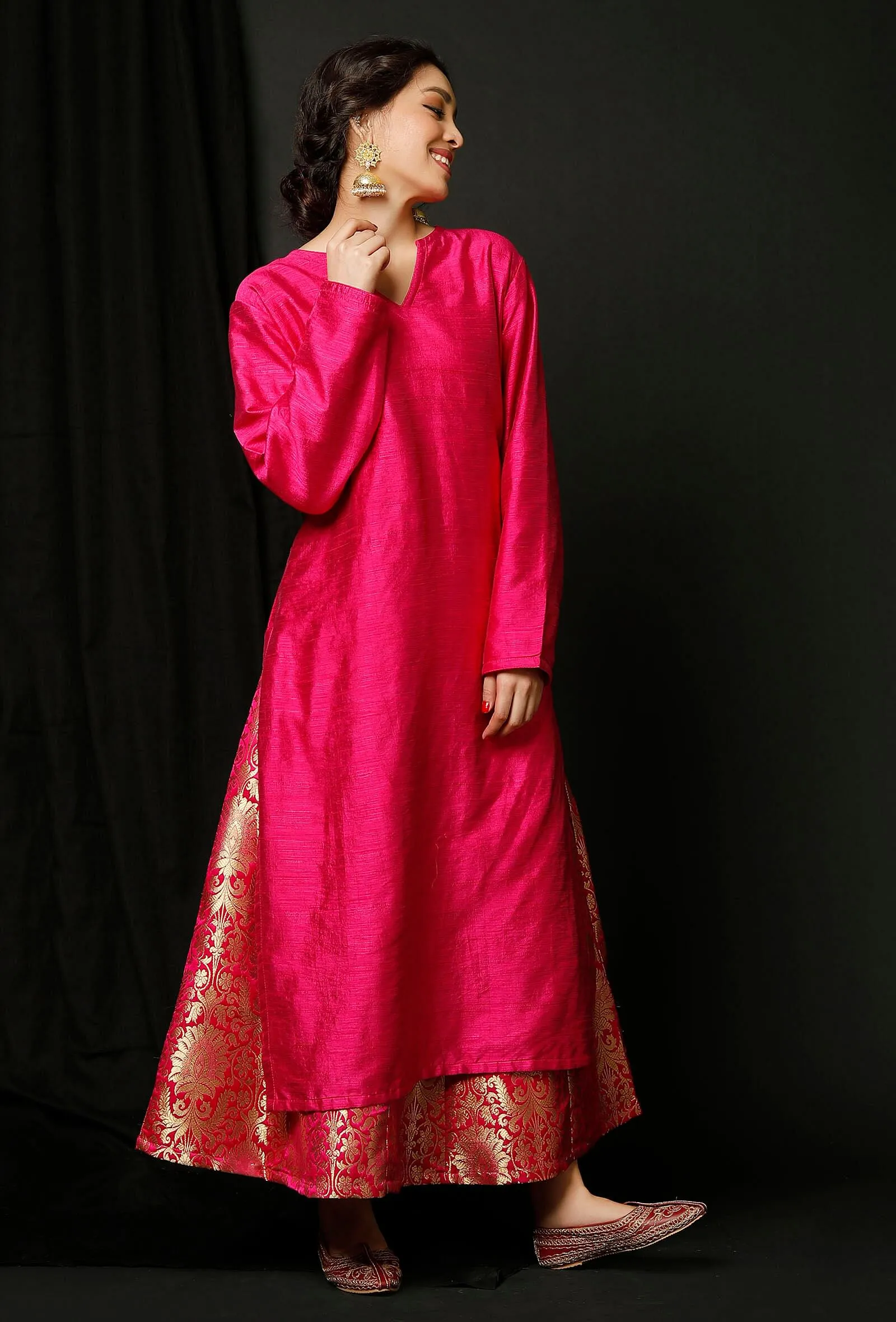 Set of 2 : Pink Raw Silk Kurta and Pink Banarsi Brocade Skirt