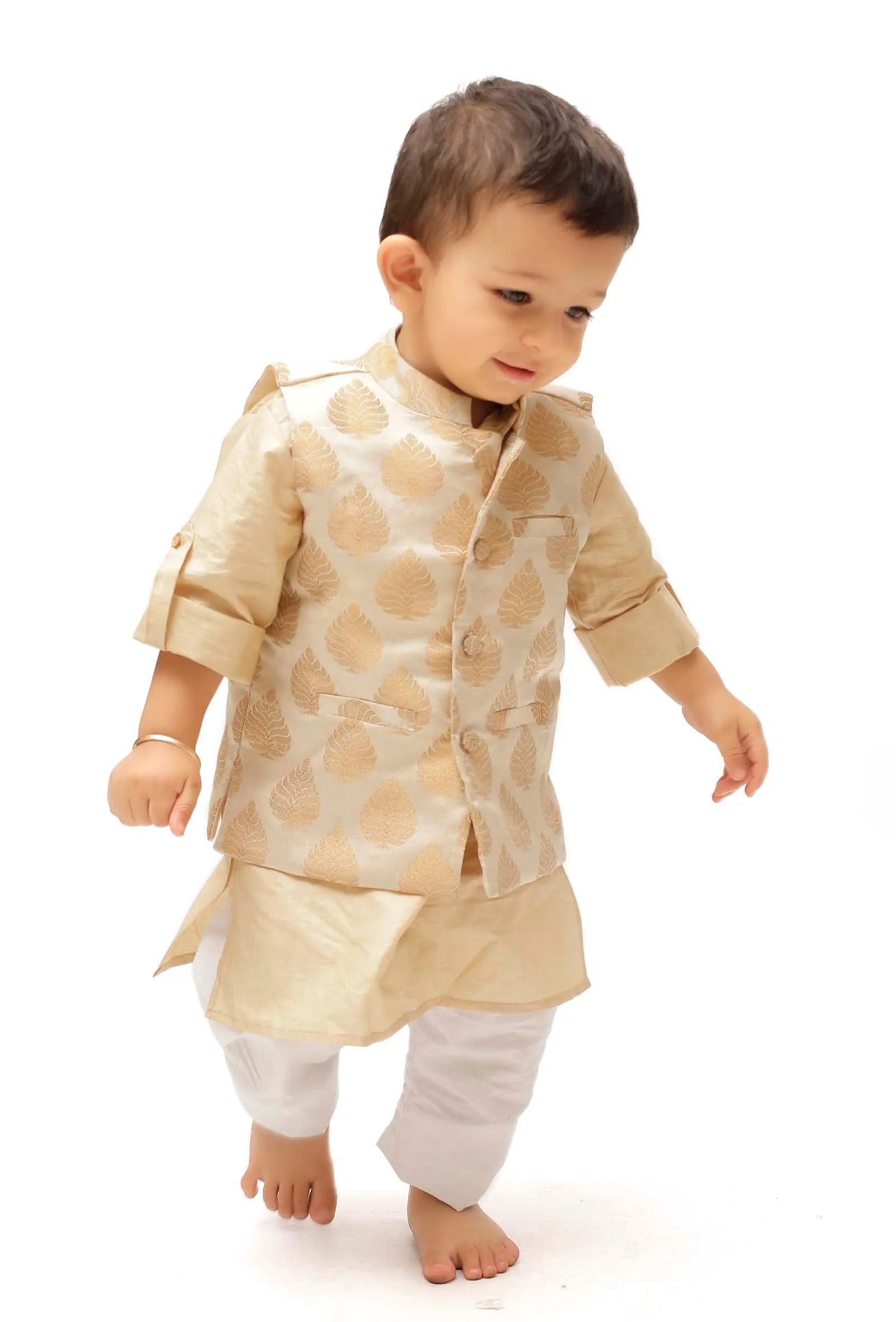 Set Of 3: Beige Brocade Nehru Jacket And Cotton Silk Kurta Pyjama