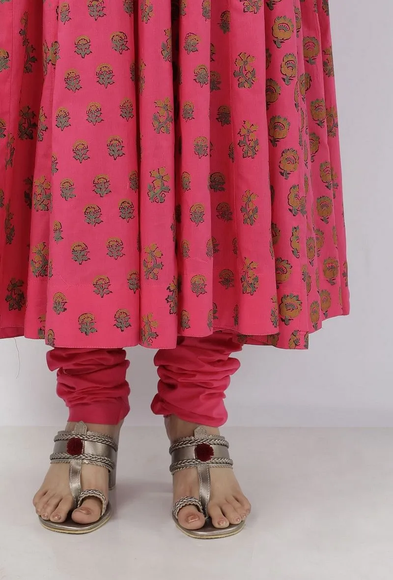 Set of 3: Raisa Pink Floral Hand-Block Printed Kota Anarkali with Plain Cotton Chooridar and Floral Hand-Block Printed Kota Dupatta