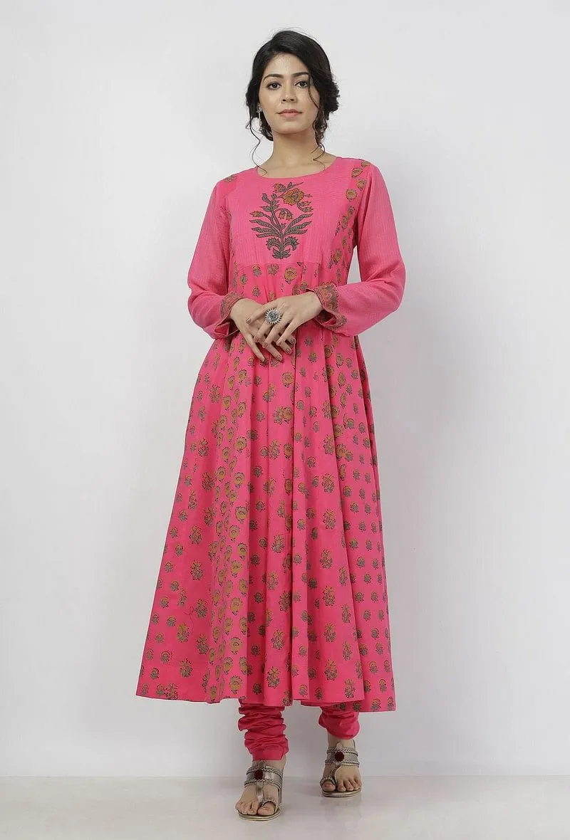 Set of 3: Raisa Pink Floral Hand-Block Printed Kota Anarkali with Plain Cotton Chooridar and Floral Hand-Block Printed Kota Dupatta