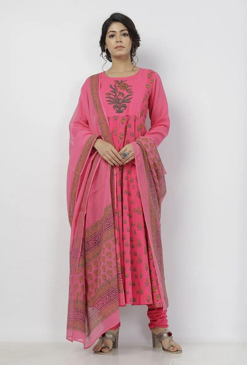 Set of 3: Raisa Pink Floral Hand-Block Printed Kota Anarkali with Plain Cotton Chooridar and Floral Hand-Block Printed Kota Dupatta