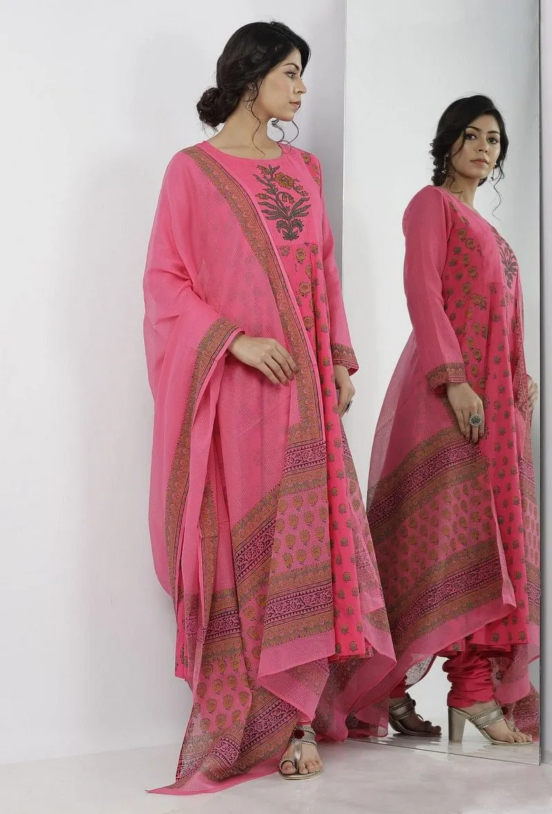 Set of 3: Raisa Pink Floral Hand-Block Printed Kota Anarkali with Plain Cotton Chooridar and Floral Hand-Block Printed Kota Dupatta