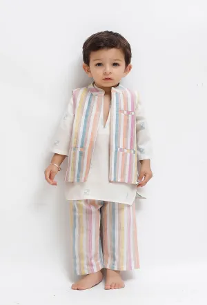 Set Of 3:  White Dobby Kurta and White Striped Pant with White Striped Nehru Jacket