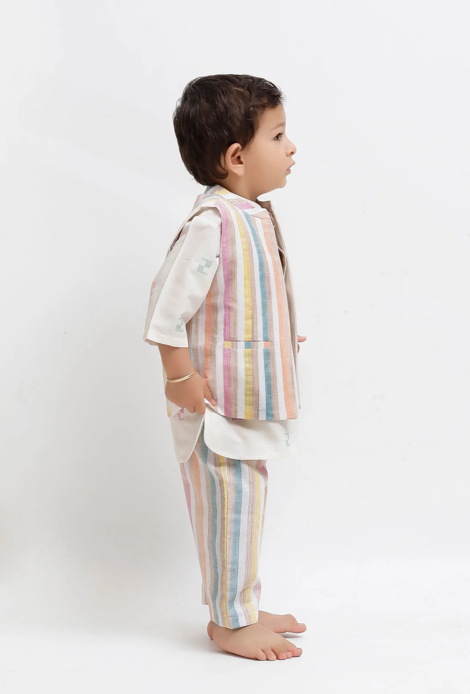 Set Of 3:  White Dobby Kurta and White Striped Pant with White Striped Nehru Jacket