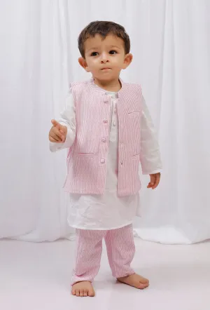 Set of 3: White striped Cotton Kurta and Pajama with Pink Striped Nehru Jacket