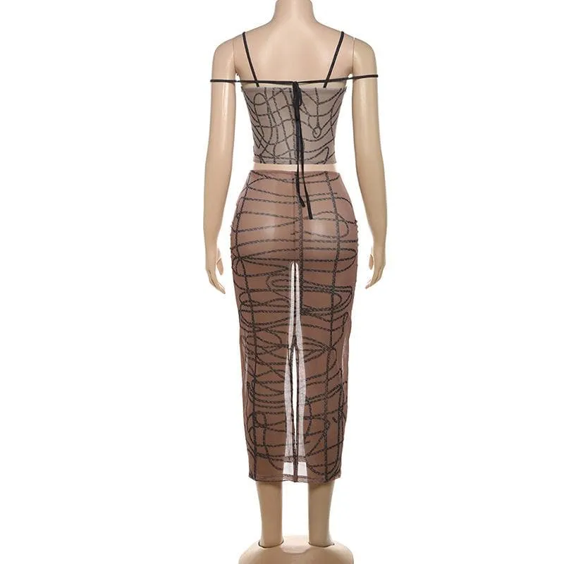 Sheer mesh striped print self tie cami midi skirt set