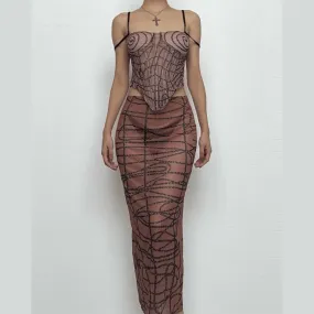 Sheer mesh striped print self tie cami midi skirt set