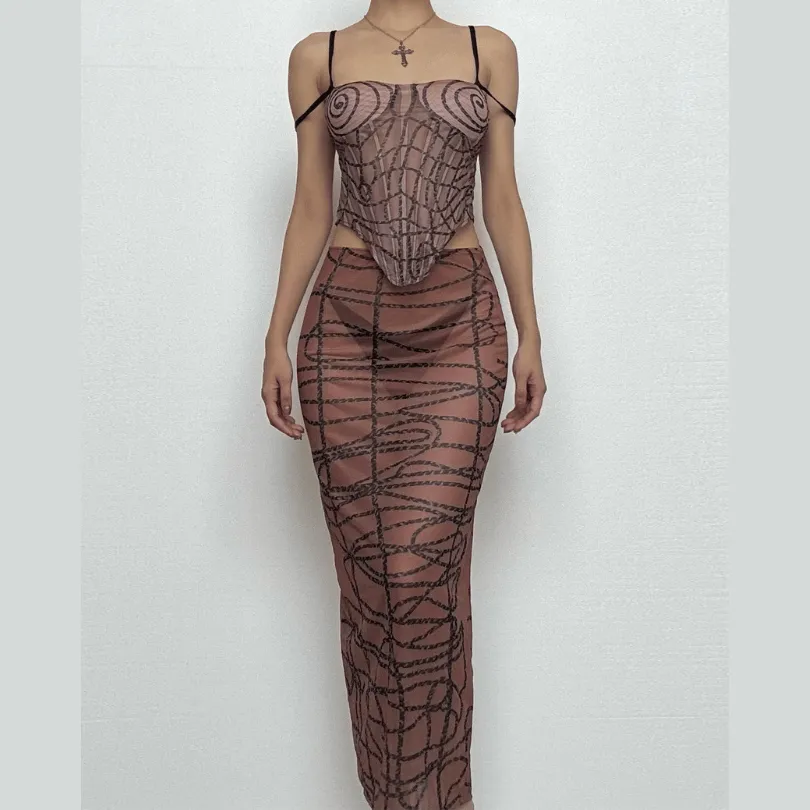 Sheer mesh striped print self tie cami midi skirt set