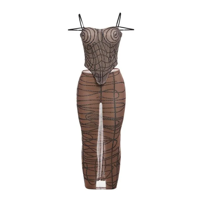 Sheer mesh striped print self tie cami midi skirt set