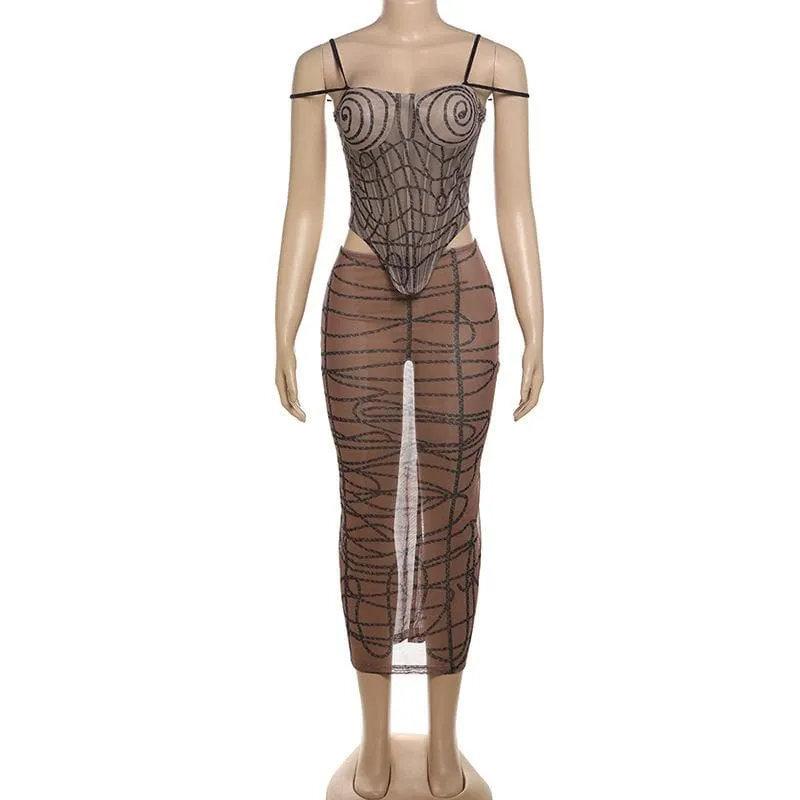 Sheer mesh striped print self tie cami midi skirt set