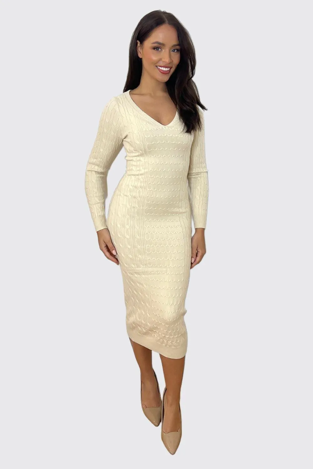 Shirred Knit Deep V-Neck Midi Knitted Dress