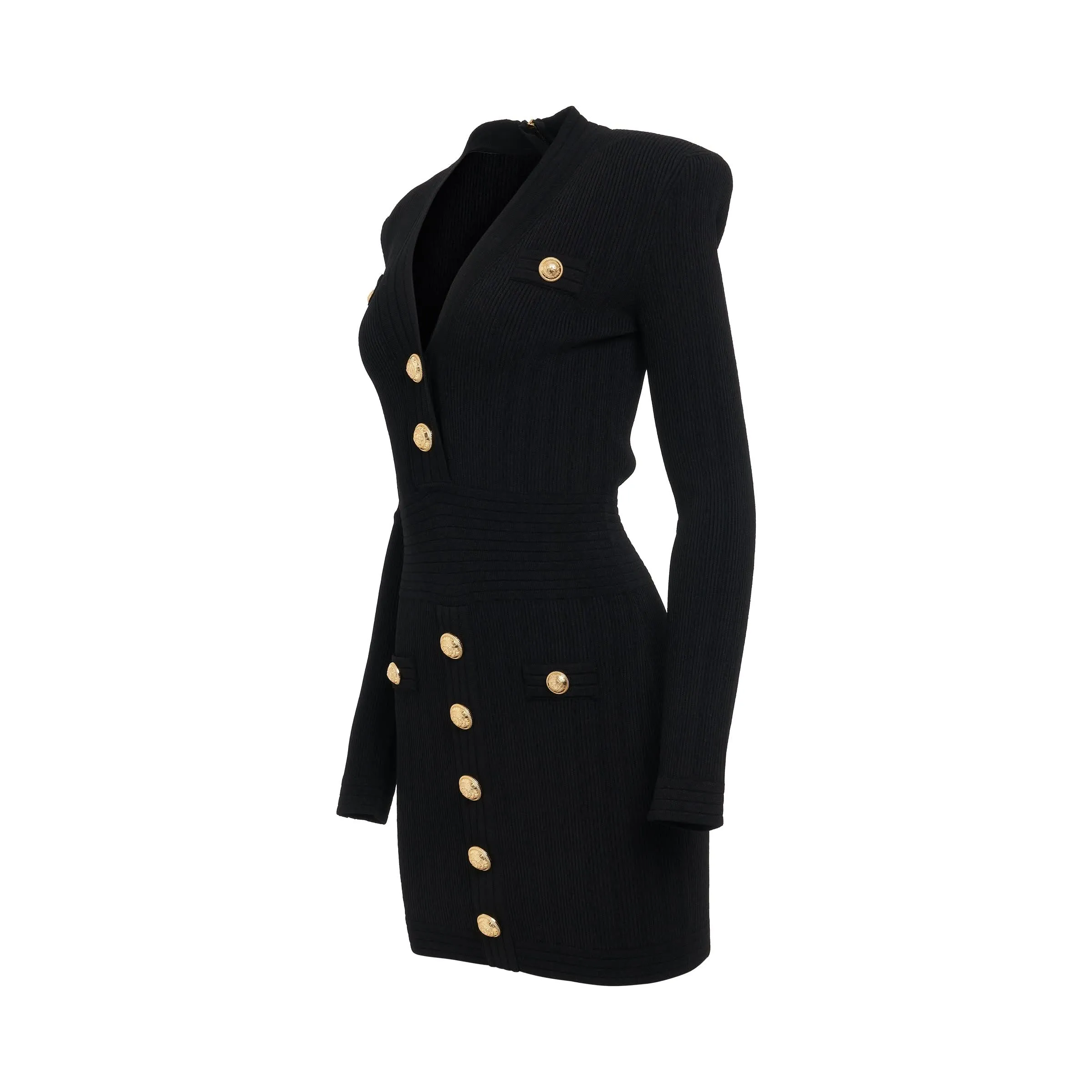 Short Long Sleeve V Neck Button Detail Knit Dress in Black