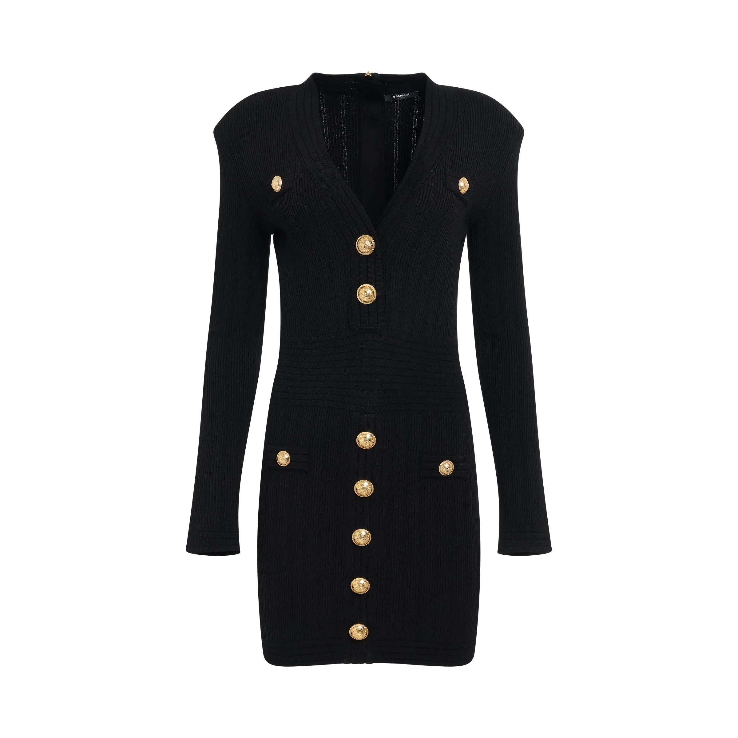 Short Long Sleeve V Neck Button Detail Knit Dress in Black