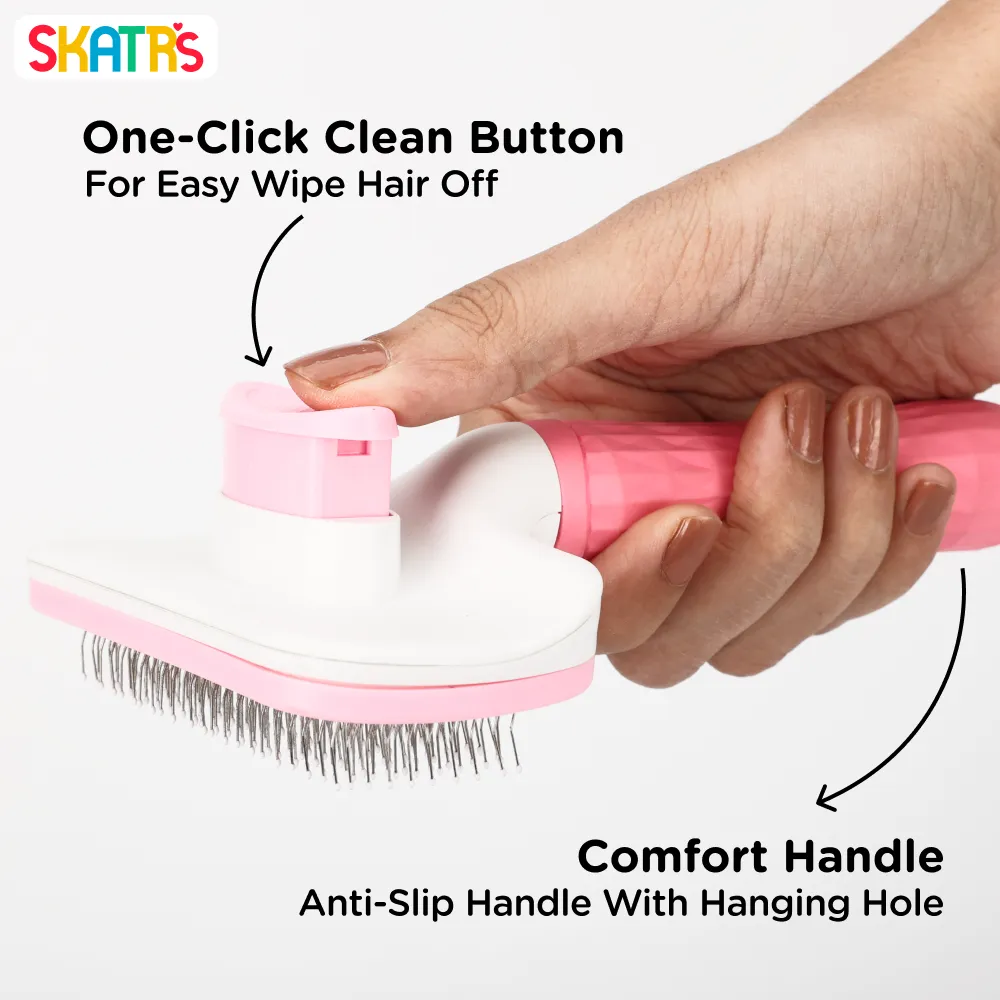 Skatrs Self Clean Slicker Brush with Metal Bristles for Dogs and Cats (Pink)