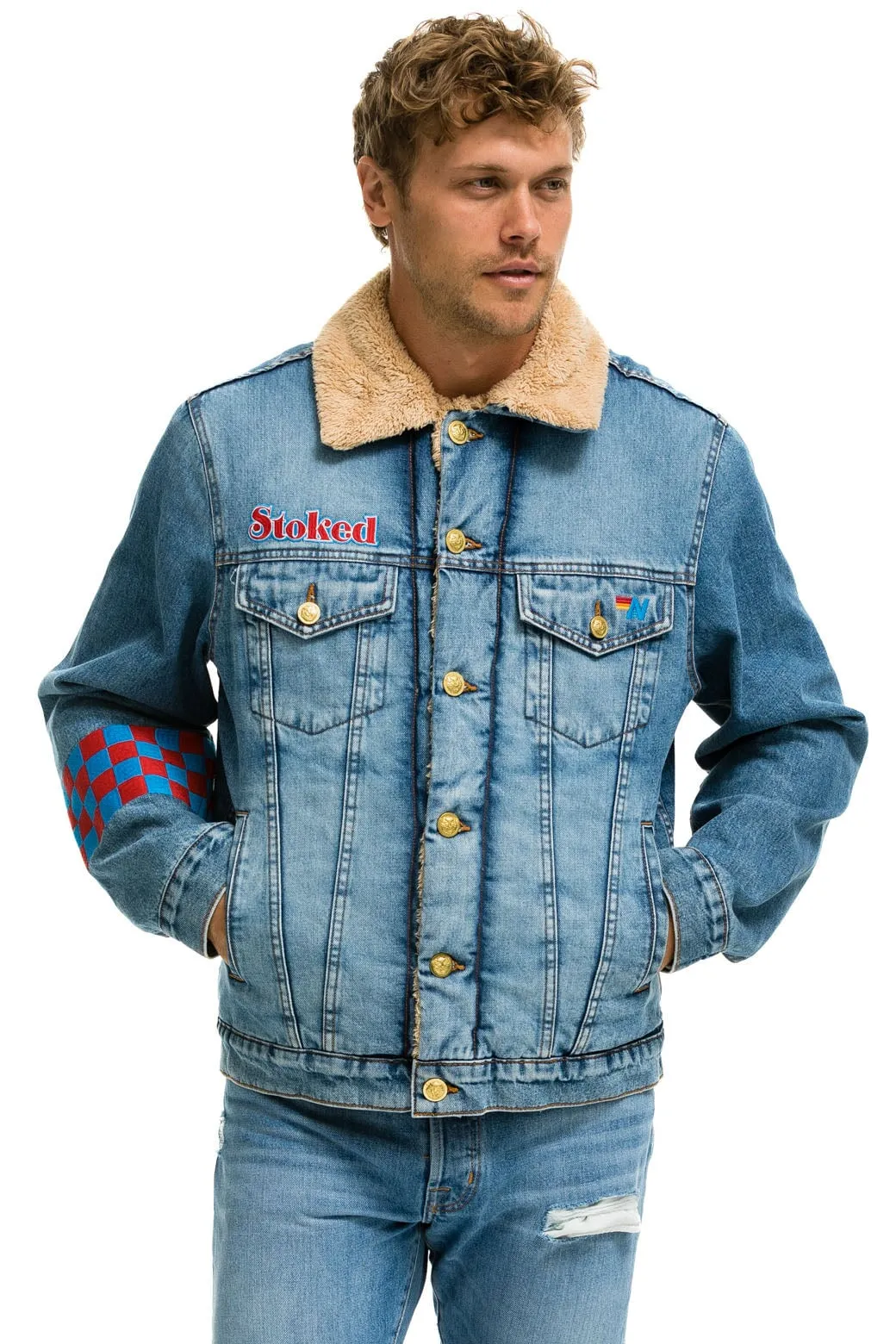 SMALL STOKED BOLT SMILEY RANCH SHERPA DENIM JACKET - SUPER LIGHT