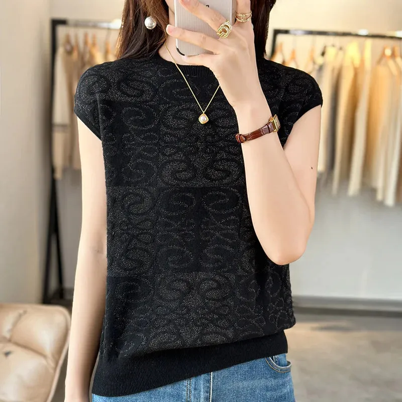 Summer New Women Wool Short-sleeved T-shirt Sweater O-neck Slim  Vest Pullover Skin friendly Fabric Base Knitted Top Tees