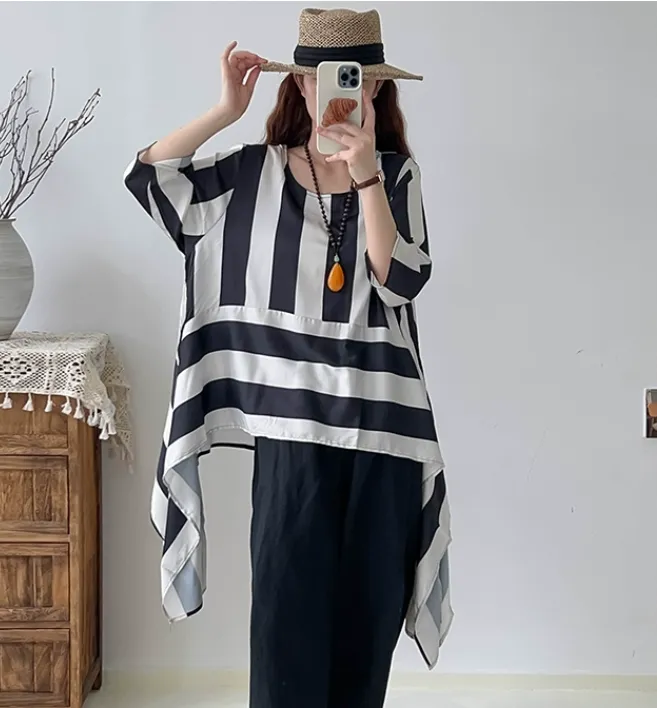 Summer Style Blouse, Striped Top Irregular T-shirt 2233