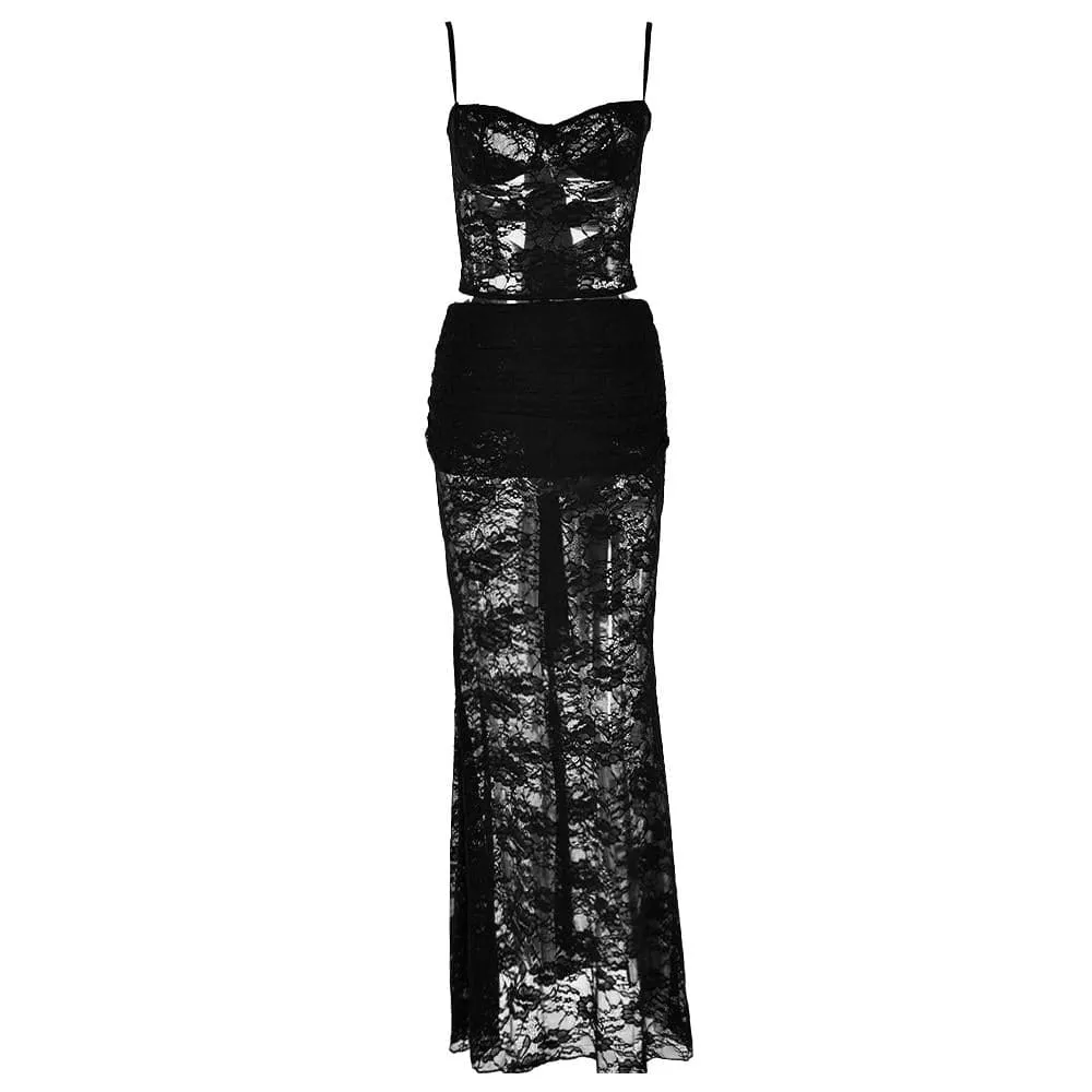 Sweetheart neck ruffle lace see through cami maxi skirt set