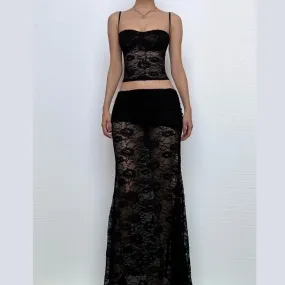 Sweetheart neck ruffle lace see through cami maxi skirt set