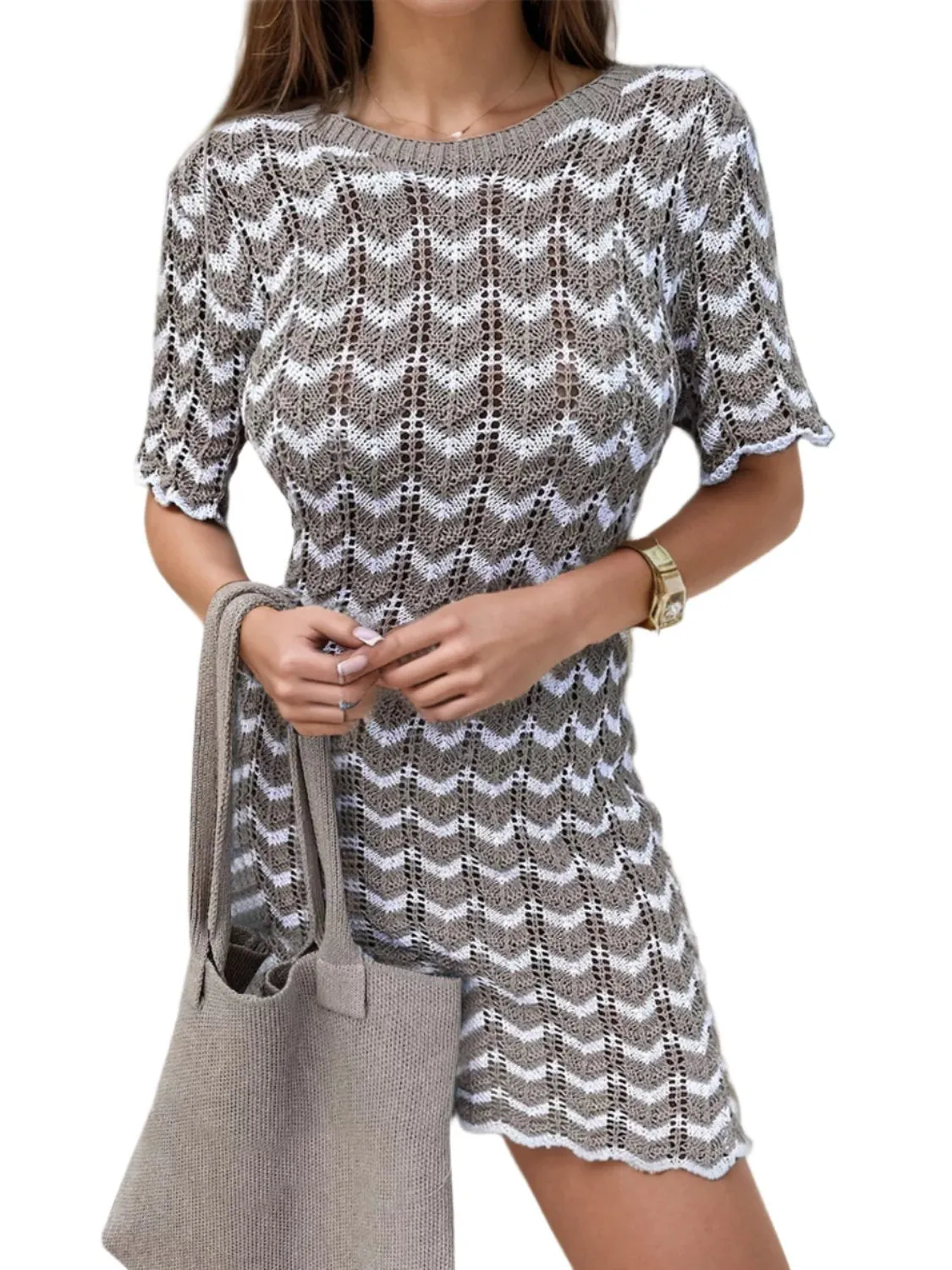 TEEK - Chevron Round Neck Short Sleeve Knit Dress