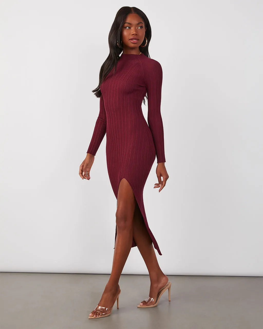 Thankful Soul Ribbed Mock Neck Midi Dress