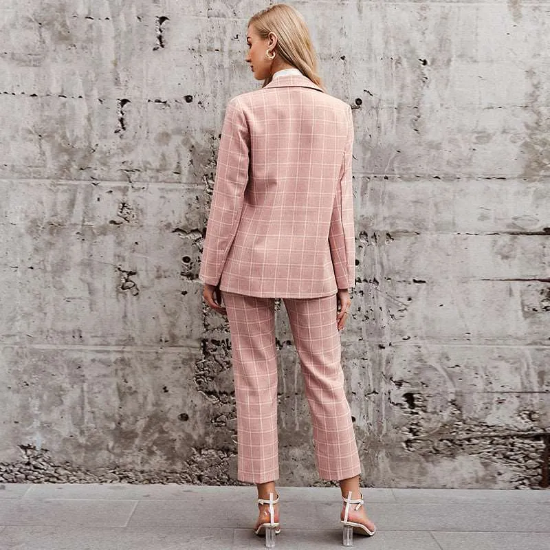 Two-piece pink plaid nine-point pants slim suit women