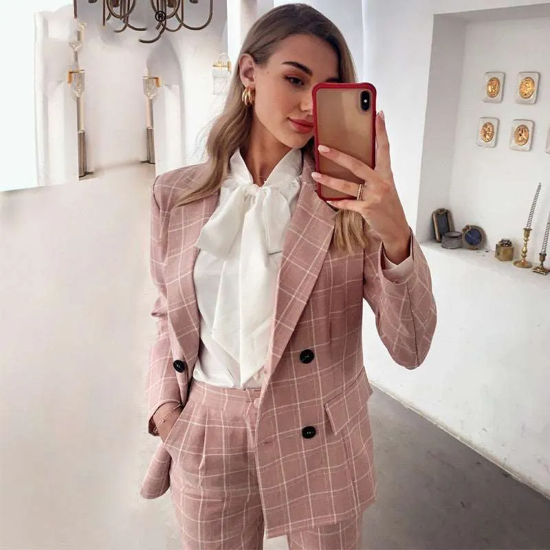 Two-piece pink plaid nine-point pants slim suit women