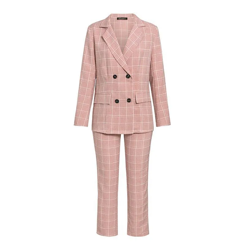 Two-piece pink plaid nine-point pants slim suit women