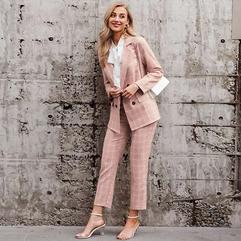 Two-piece pink plaid nine-point pants slim suit women