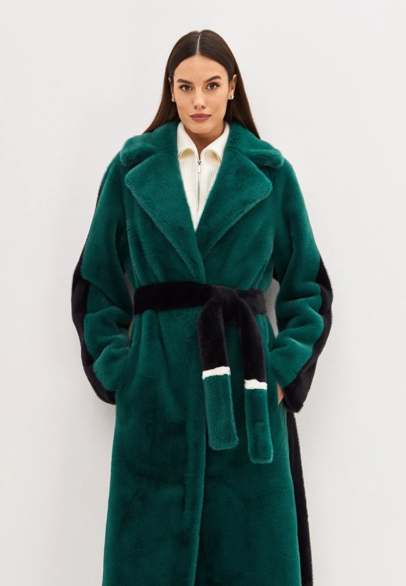 Two Tone Faux Fur Long Winter Coat - Green