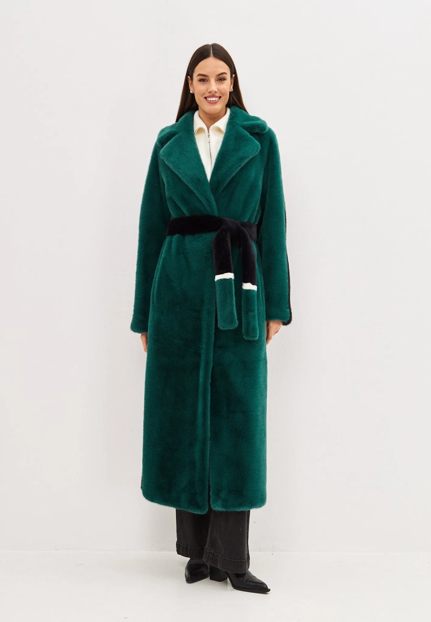 Two Tone Faux Fur Long Winter Coat - Green