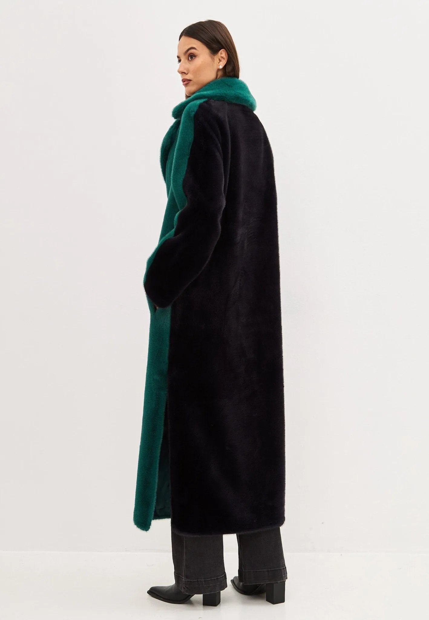 Two Tone Faux Fur Long Winter Coat - Green