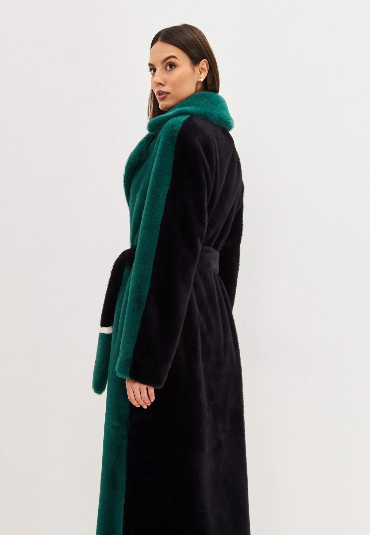 Two Tone Faux Fur Long Winter Coat - Green