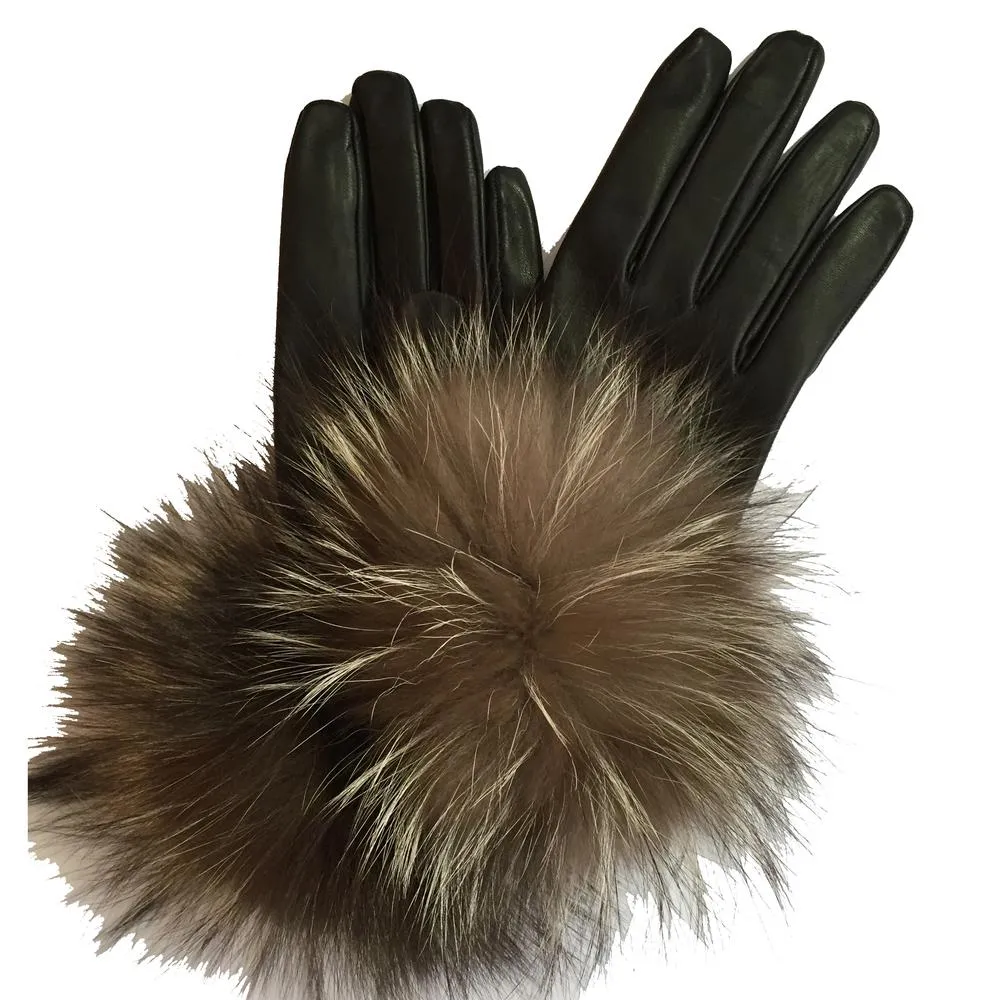 Veronique Pom Pom Mini - Women's Silk Lined Leather Gloves with Fox Fur Pom Pom