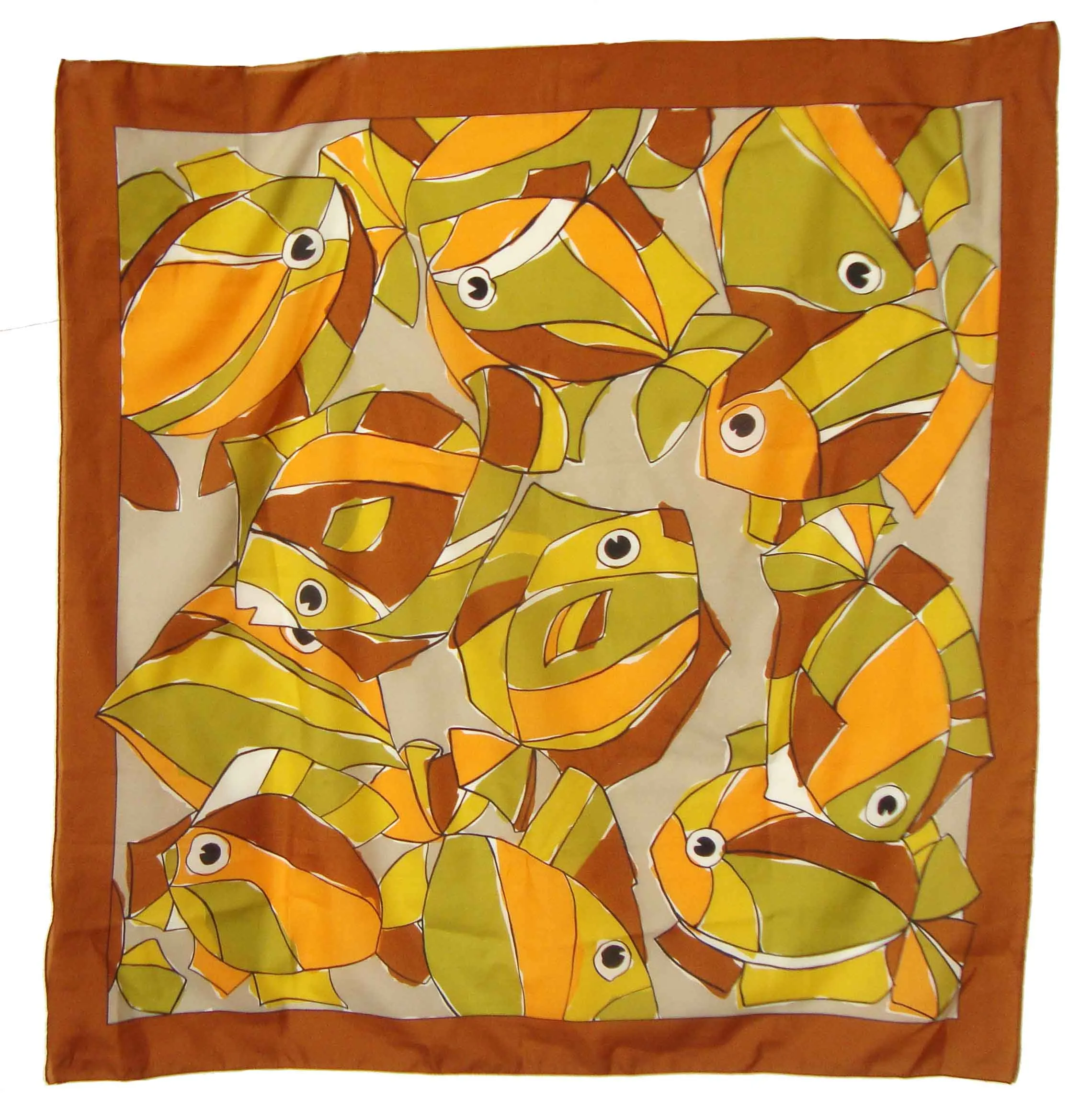 Vintage 70s Modernist Silk Scarf Abstract Fish Novelty Print