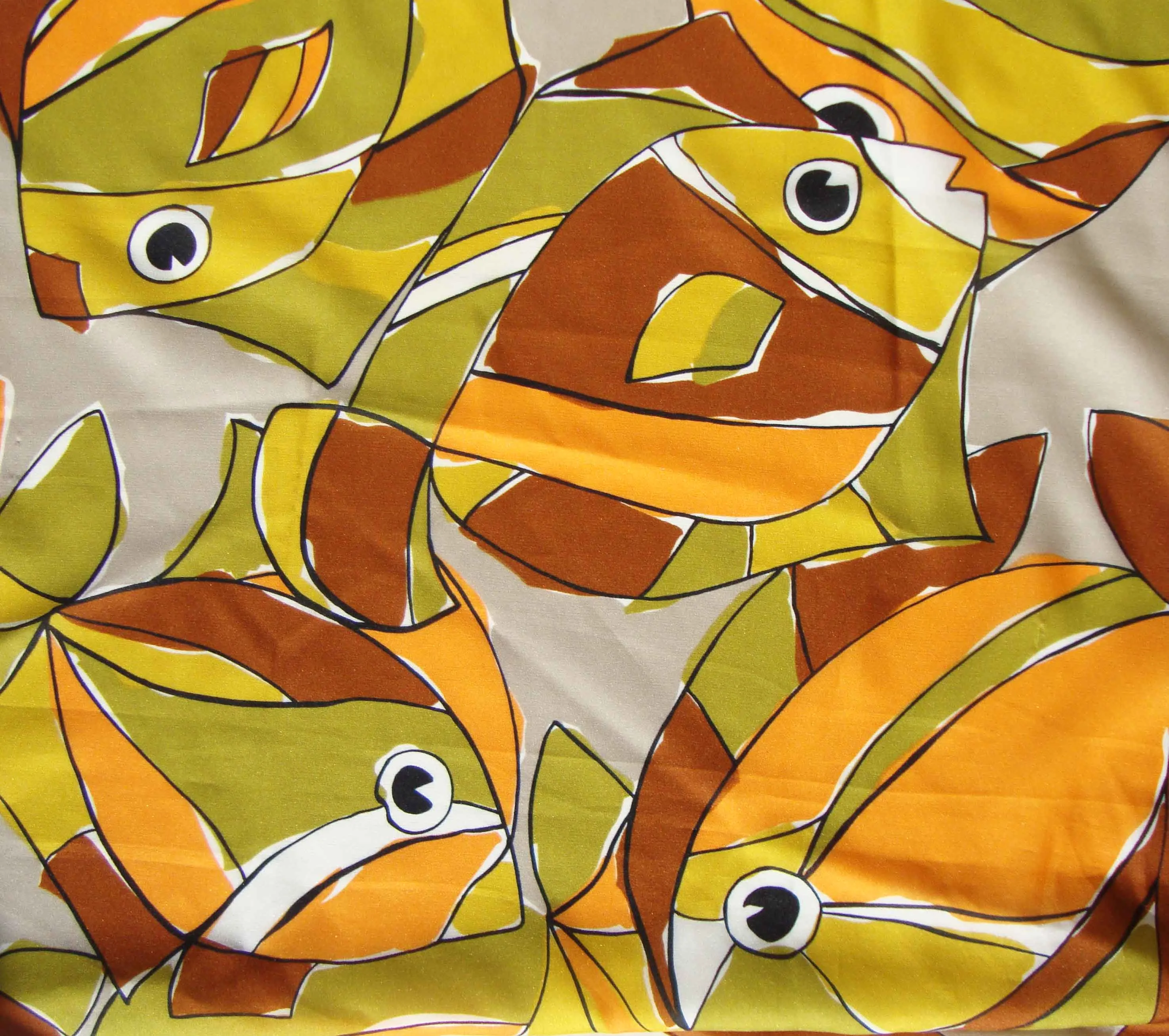 Vintage 70s Modernist Silk Scarf Abstract Fish Novelty Print