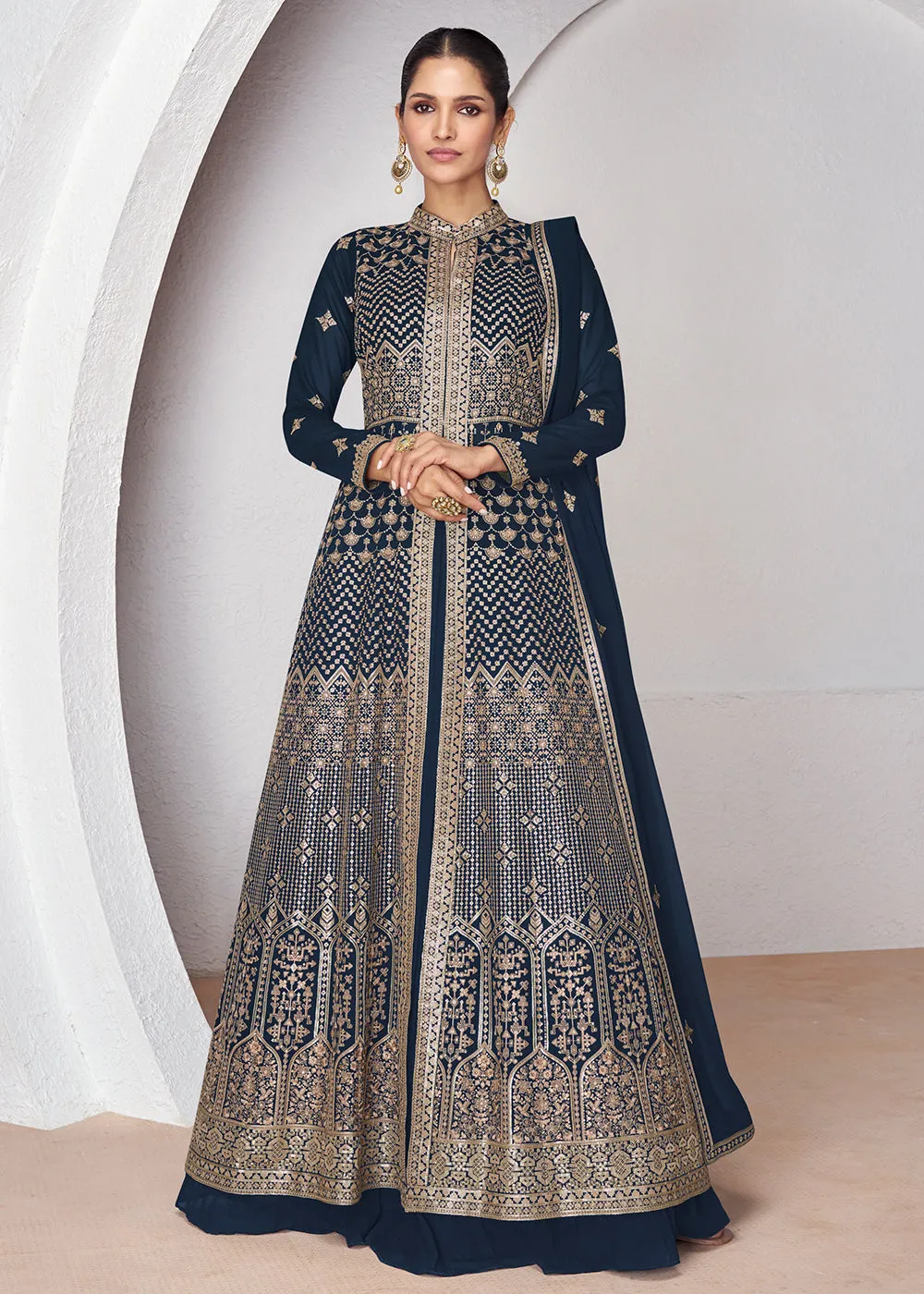 Wedding Wear Prussian Blue Lehenga Skirt Anarkali Suit