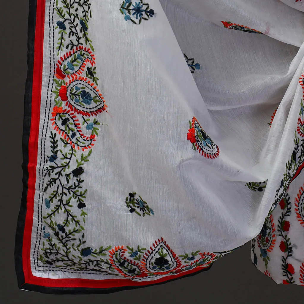 White - 3pc Hand Embroidery Chanderi Silk Phulkari Dress Material 67