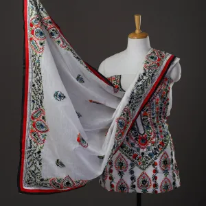 White - 3pc Hand Embroidery Chanderi Silk Phulkari Dress Material 67