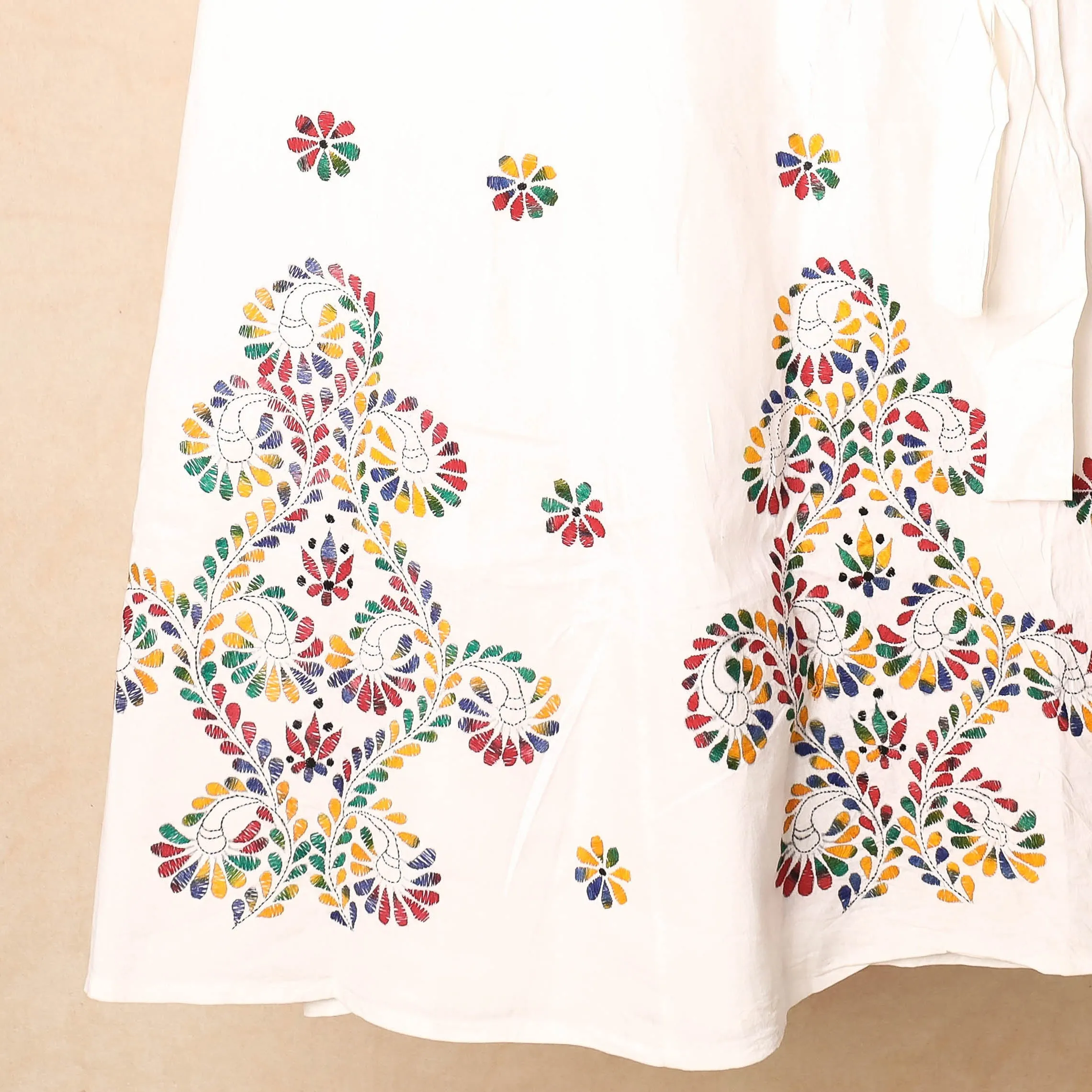 White - Bengal Kantha Embroidery Cotton Wrap Around Skirt