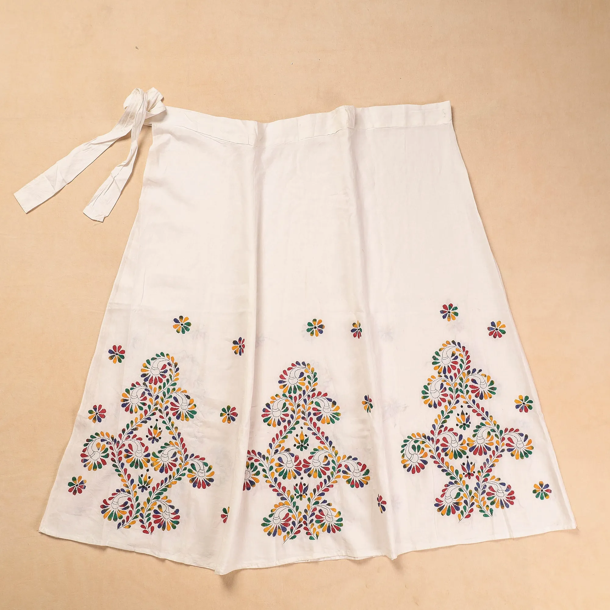 White - Bengal Kantha Embroidery Cotton Wrap Around Skirt