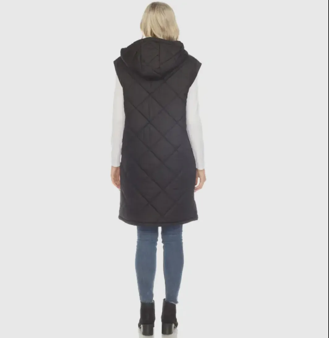 White Mark Knee Length Puffer Vest with Hood