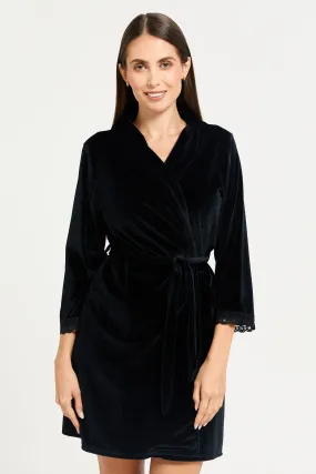 Women Black Velvet  Robe With Drawstring Waist